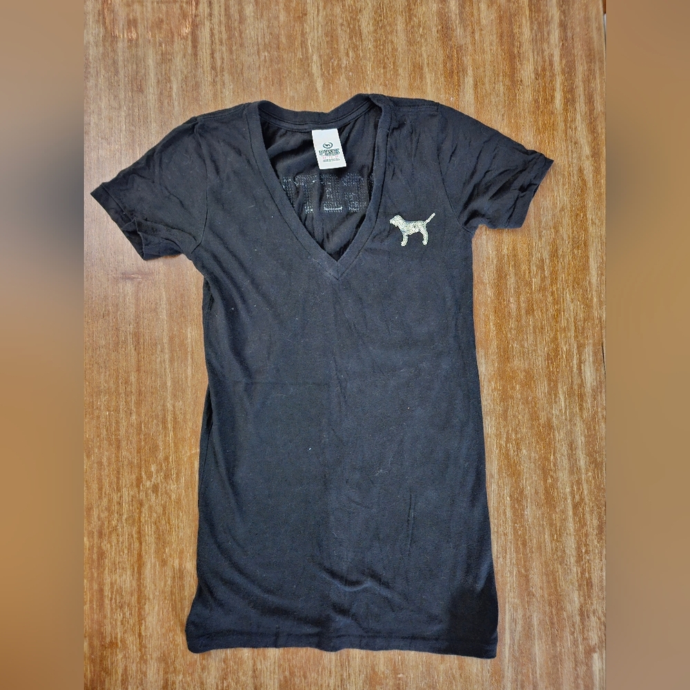 Victoria's Secret Black V-Neck Tee with Silver Dog Design